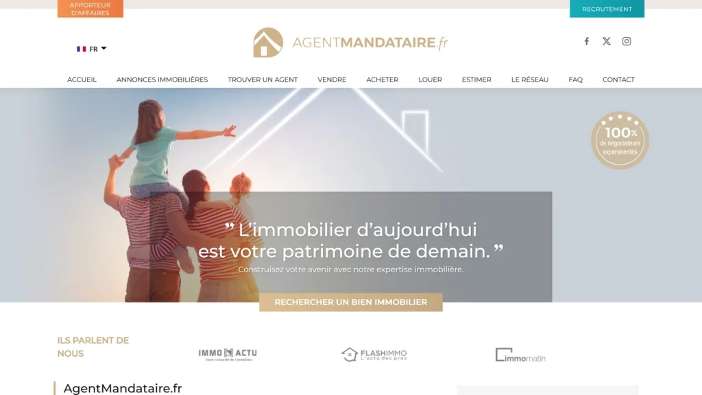 Page d'accueil de Agent Mandataire France, réseau de mandataires immobiliers positionné sur le prix