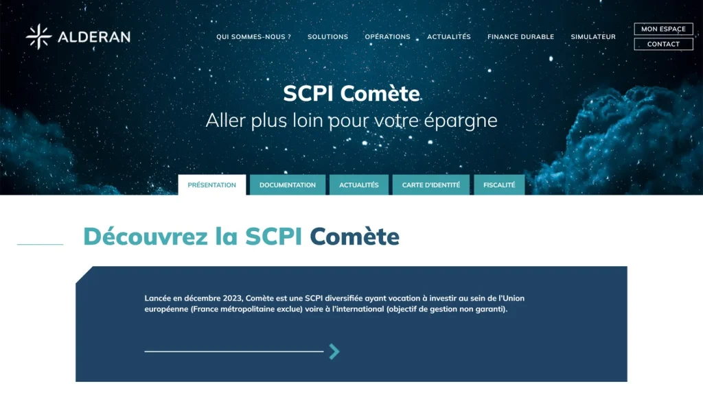 Page d'accueil de Comète, SCPI de la société de gestion Alderan