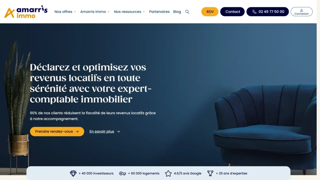 Page d'accueil de Amarris Immo, expert-comptable en ligne spécialisé LMNP et SCI