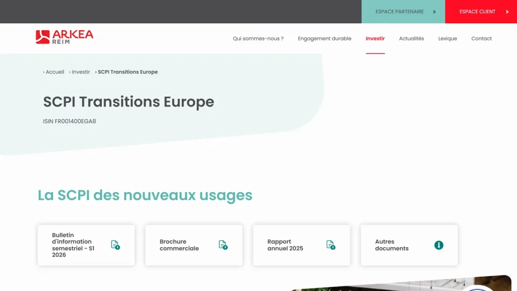 Page d'accueil de Transitions Europe, SCPI de la société de gestion Arkéa REIM