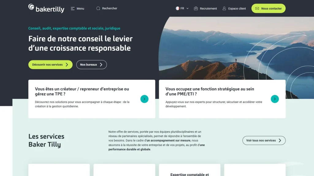 Page d'accueil de Baker Tilly, réseau national d'expertise comptable pour les professionnels de l'immobilier