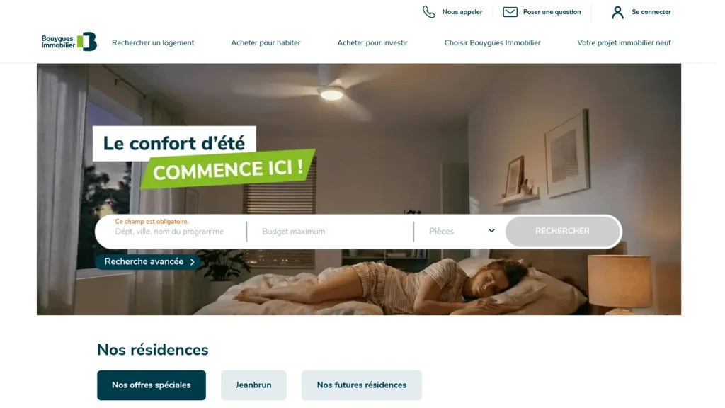 Page d'accueil de Bouygues Immobilier, promoteur immobilier adossé au groupe Bouygues