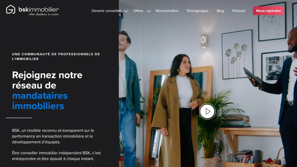 Page d'accueil de BSK Immobilier, réseau de mandataires immobiliers qui publie son abonnement