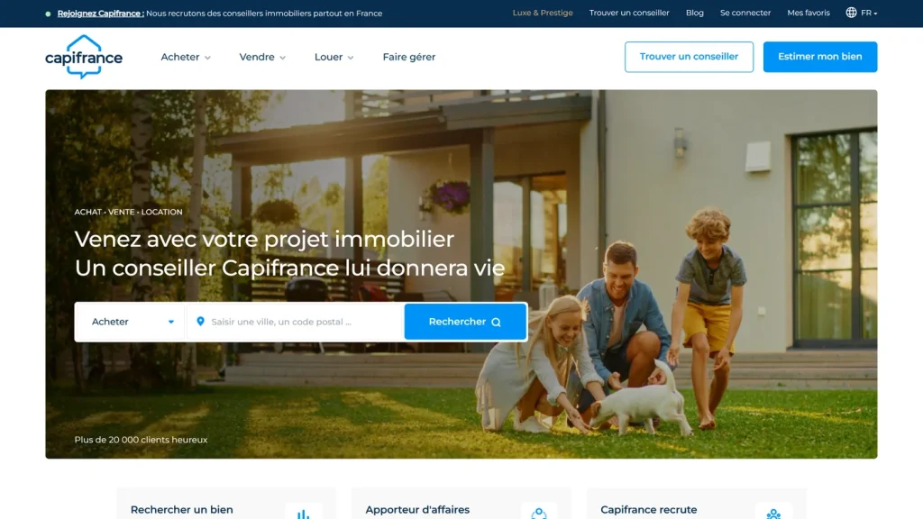 Page d'accueil de Capifrance, réseau de mandataires immobiliers de plus de 3 000 conseillers