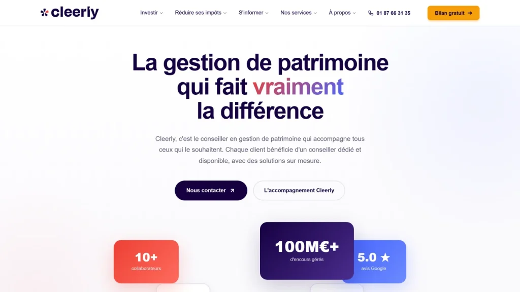 Page d'accueil de Cleerly, cabinet de gestion de patrimoine en ligne