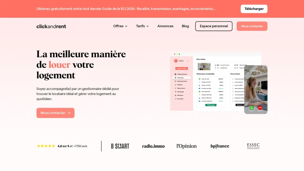 Page d'accueil de Clickandrent, agence de gestion locative en ligne des grandes métropoles