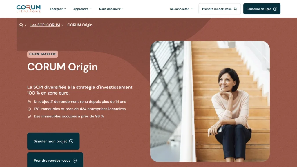 Page d'accueil de Corum Origin, SCPI historique de la société de gestion Corum