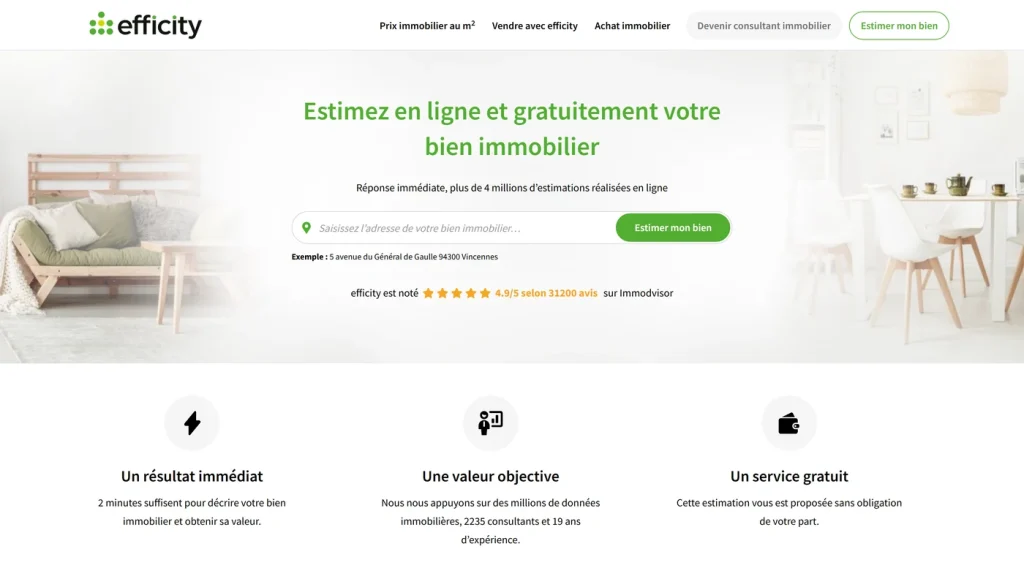Page d'accueil de effiCity, réseau de mandataires immobiliers de 2 100 consultants