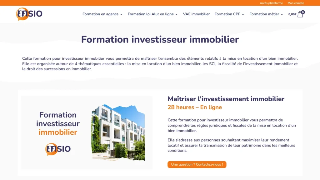 Page d'accueil de Efisio, organisme de formation à la fiscalité immobilière