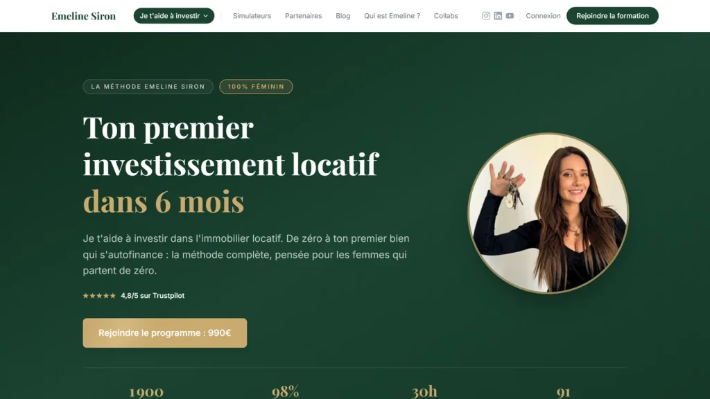 Page d'accueil de La Méthode Emeline Siron, formation à l'investissement locatif au prix publié