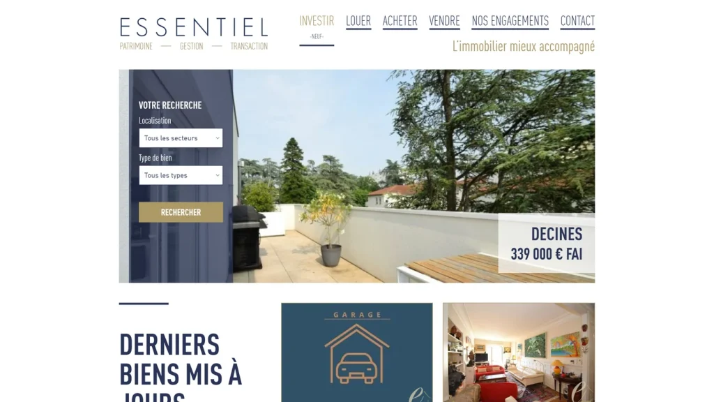 Page d'accueil de Essentiel, agence de gestion locative indépendante à Lyon