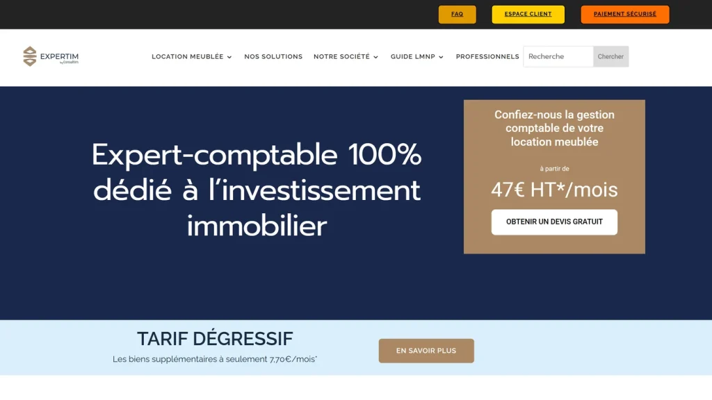 Page d'accueil de Expertim Fiduciaire, cabinet d'expertise comptable dédié à l'investissement immobilier