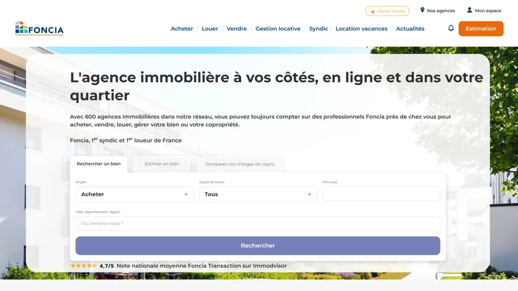 Page d'accueil de Foncia, réseau national d'agences de gestion locative