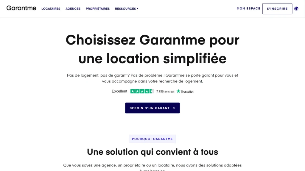 Page d'accueil de Garantme, assurance loyer impayé qui vise les dossiers refusés ailleurs