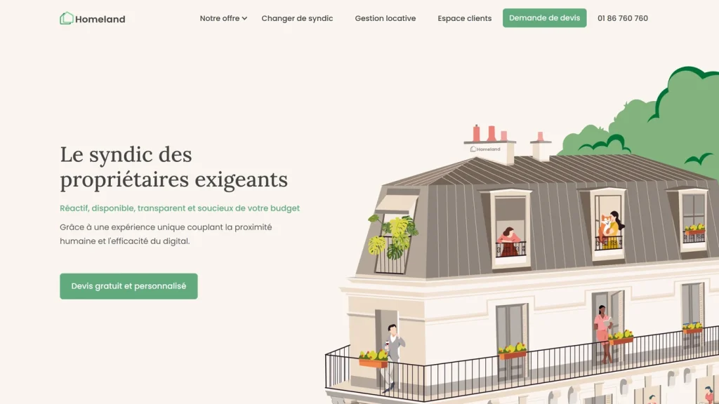 Page d'accueil de Homeland, syndic en ligne qui publie ses frais annexes