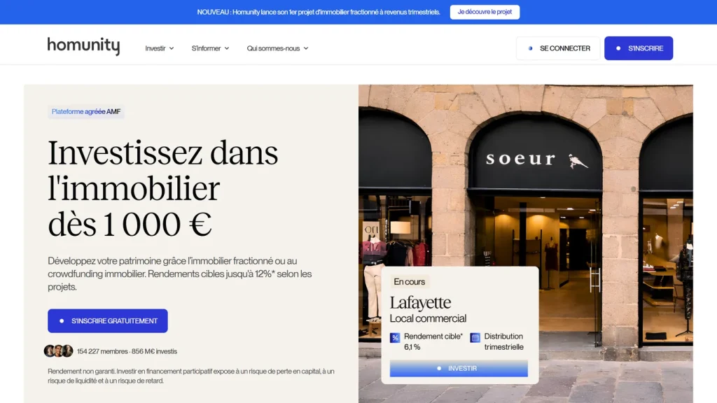 Page d'accueil de Homunity, plateforme de crowdfunding immobilier agréée PSFP