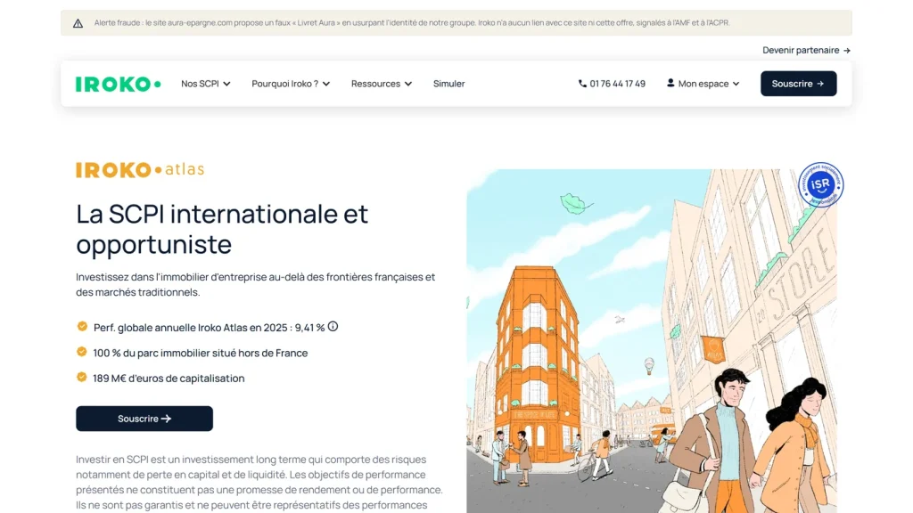 Page d'accueil de Iroko Atlas, SCPI lancée en 2025 par la société de gestion Iroko