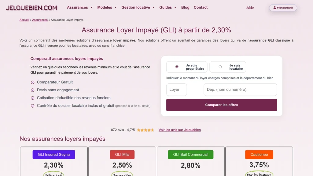 Page d'accueil de Jelouebien, assurance loyer impayé au tarif d'appel le plus bas