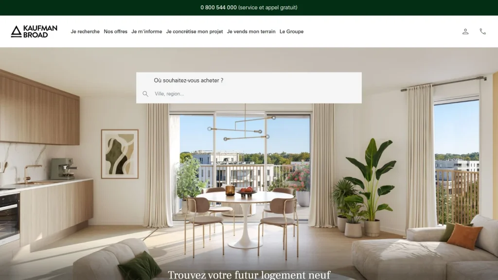 Page d'accueil de Kaufman & Broad, promoteur immobilier pur et coté