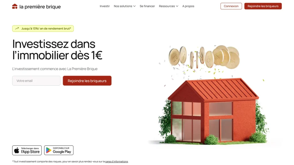 Page d'accueil de La Première Brique, plateforme de crowdfunding immobilier au ticket d'un euro