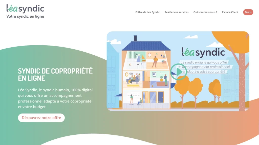 Page d'accueil de Léa Syndic, syndic en ligne au tarif au lot le plus bas du classement