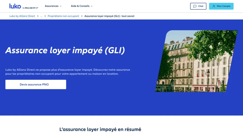 Page d'accueil de Luko, assurance loyer impayé passée chez Allianz Direct