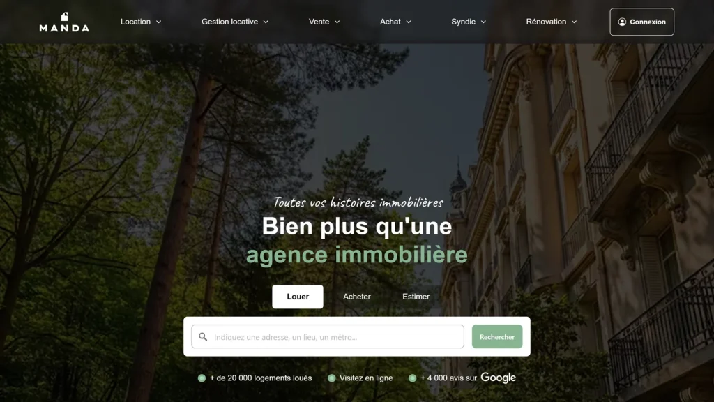 Page d'accueil de Manda, agence de gestion locative en ligne au tarif publié
