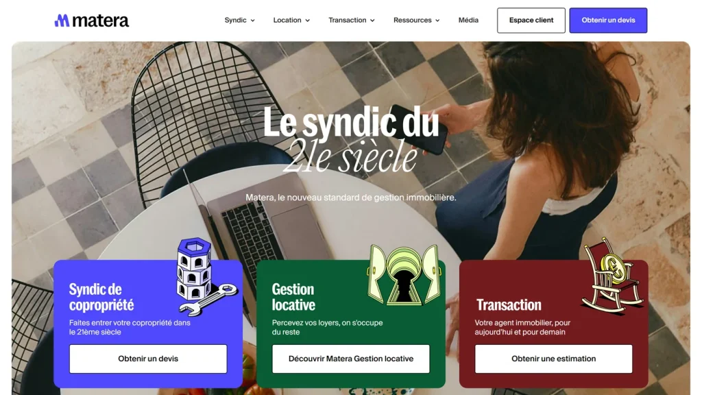 Page d'accueil de Matera, outil d'autogestion de copropriété, immatriculé en programmation informatique
