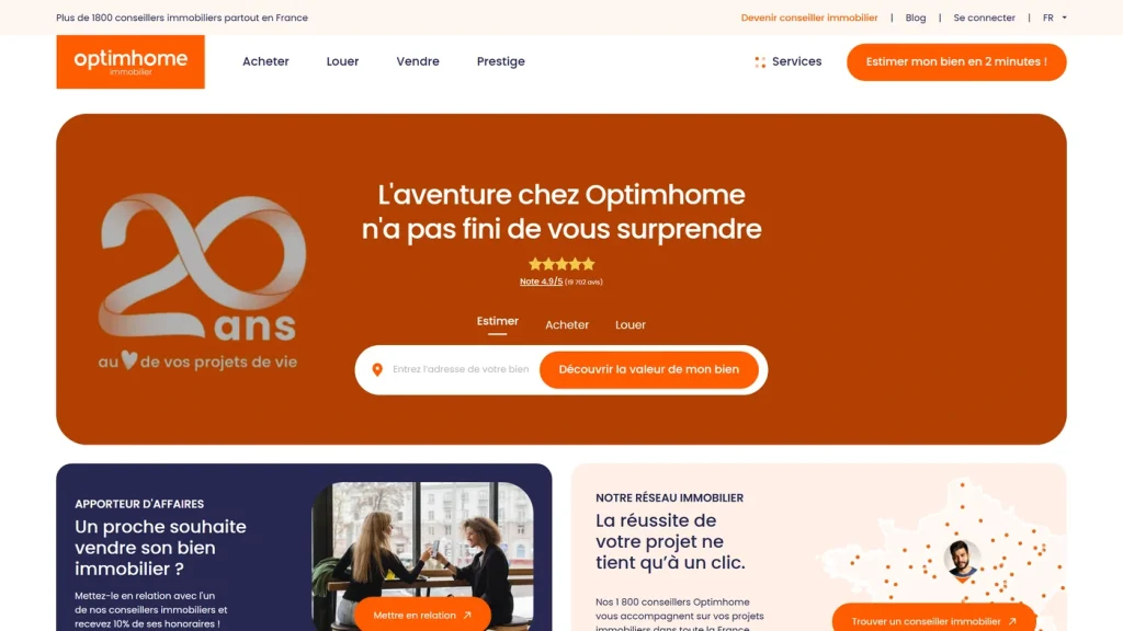 Page d'accueil de Optimhome, réseau de mandataires immobiliers à grille publiée
