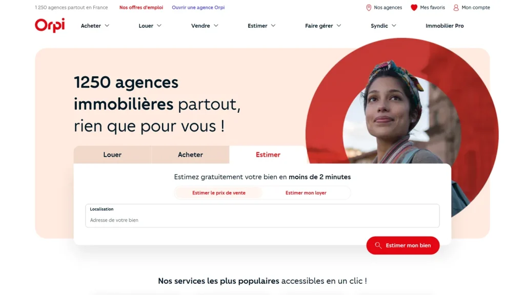 Page d'accueil de Orpi, réseau coopératif d'agences immobilières