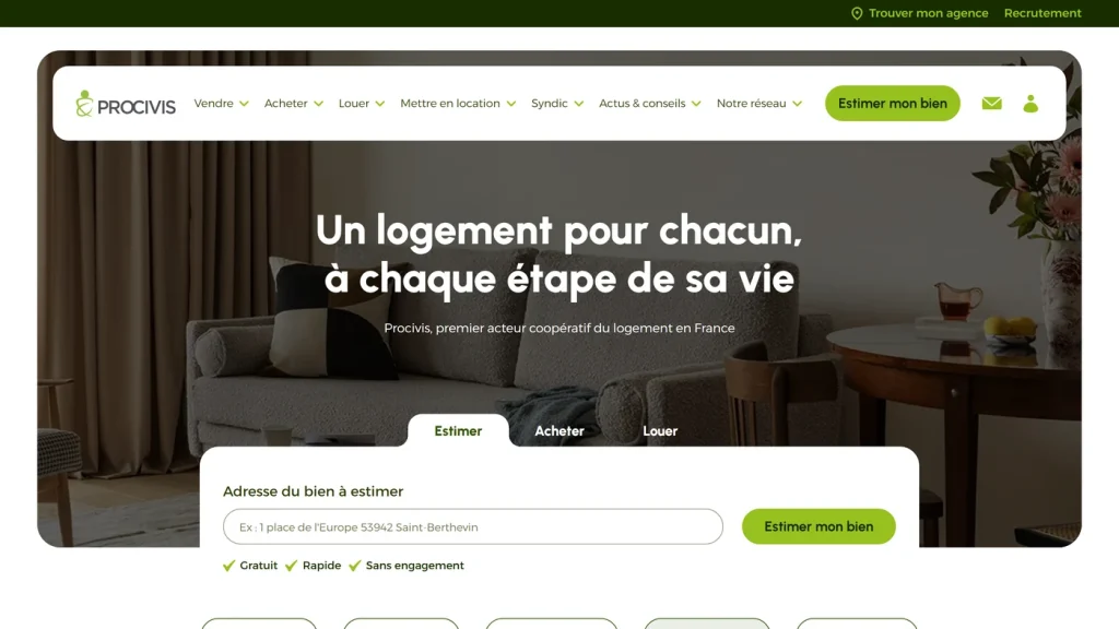 Page d'accueil de Procivis, réseau coopératif d'entités régionales de promotion immobilière