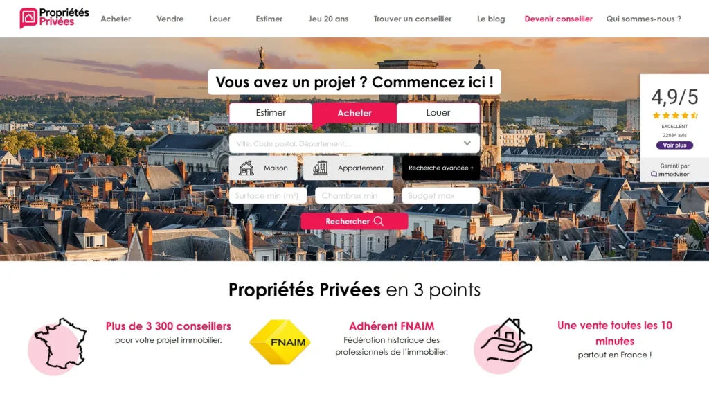 Page d'accueil de Propriétés-Privées, réseau de mandataires immobiliers adhérent FNAIM