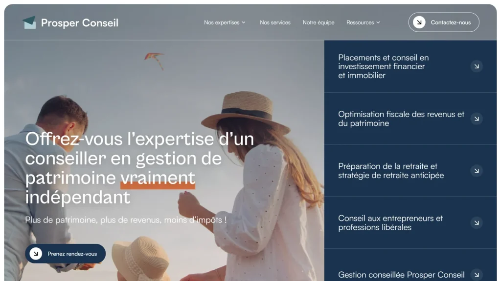 Page d'accueil de Prosper Conseil, cabinet de gestion de patrimoine qui publie ses honoraires