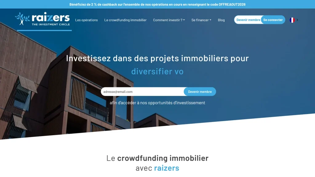 Page d'accueil de Raizers, plateforme de crowdfunding immobilier agréée PSFP