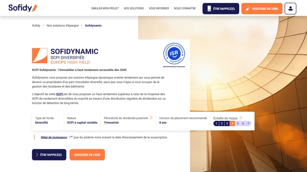 Page d'accueil de Sofidynamic, SCPI de la société de gestion Sofidy