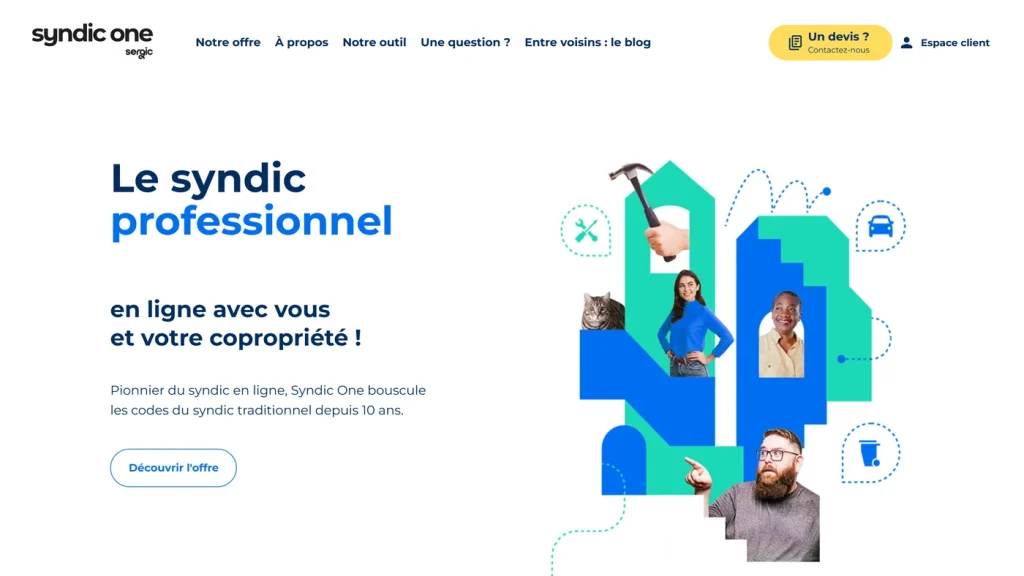 Page d'accueil de Syndic One, syndic en ligne adossé au groupe Sergic