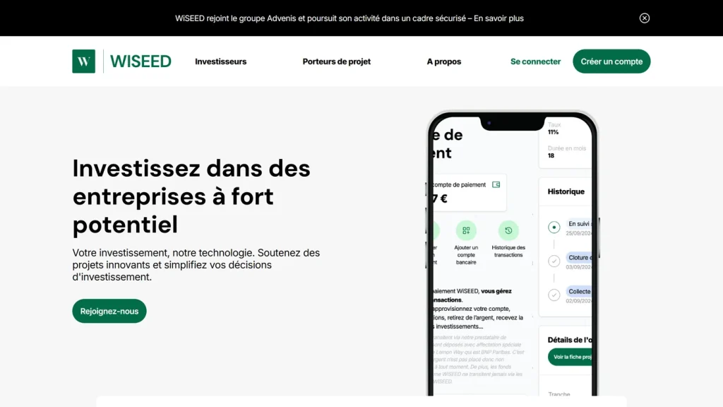 Page d'accueil de WiSEED, plateforme de crowdfunding immobilier au numéro d'agrément affiché