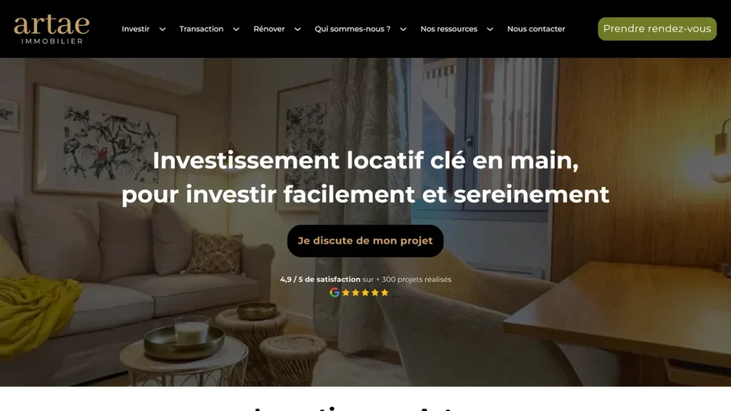 Page d’accueil de Artae, agence d’investissement locatif clé en main