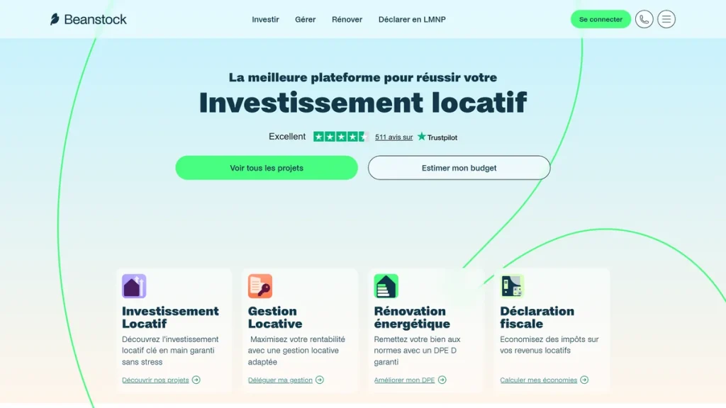 Page d’accueil de Beanstock, agence d’investissement locatif clé en main