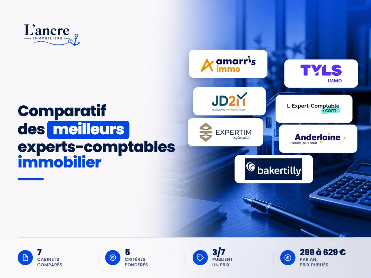 Comparatif des 7 meilleurs experts-comptables immobilier en 2026, avec les logos des cabinets comparés