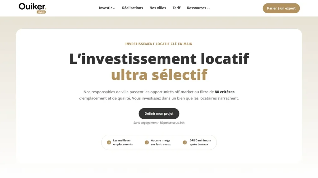 Page d’accueil de Ouiker, agence d’investissement locatif clé en main